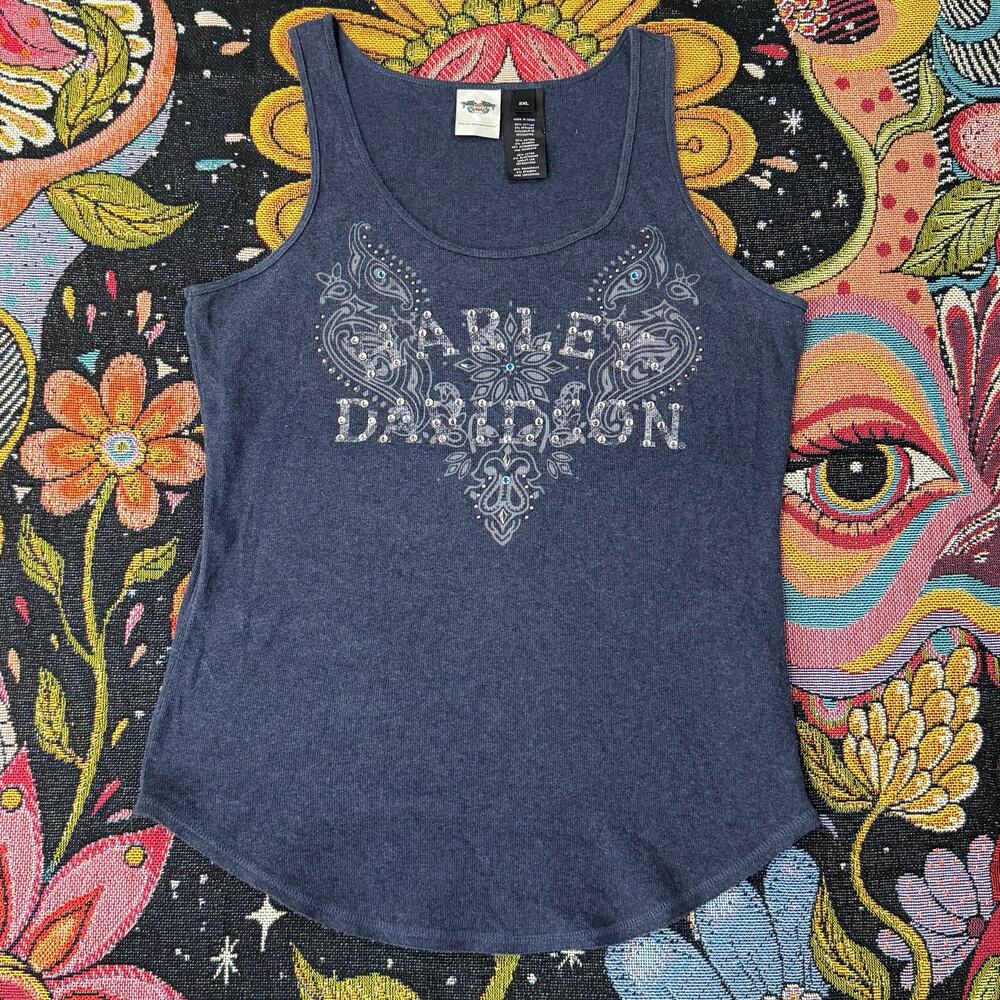 Vintage Y2k Harley Davidson Rhinestone Ribbed Tank Top Biker Grunge Moto 2XL